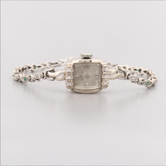 *Vintage 14K Hamilton Diamond & Emerald Watch with jewel-studded 14K watchband - Picture 4 of 10